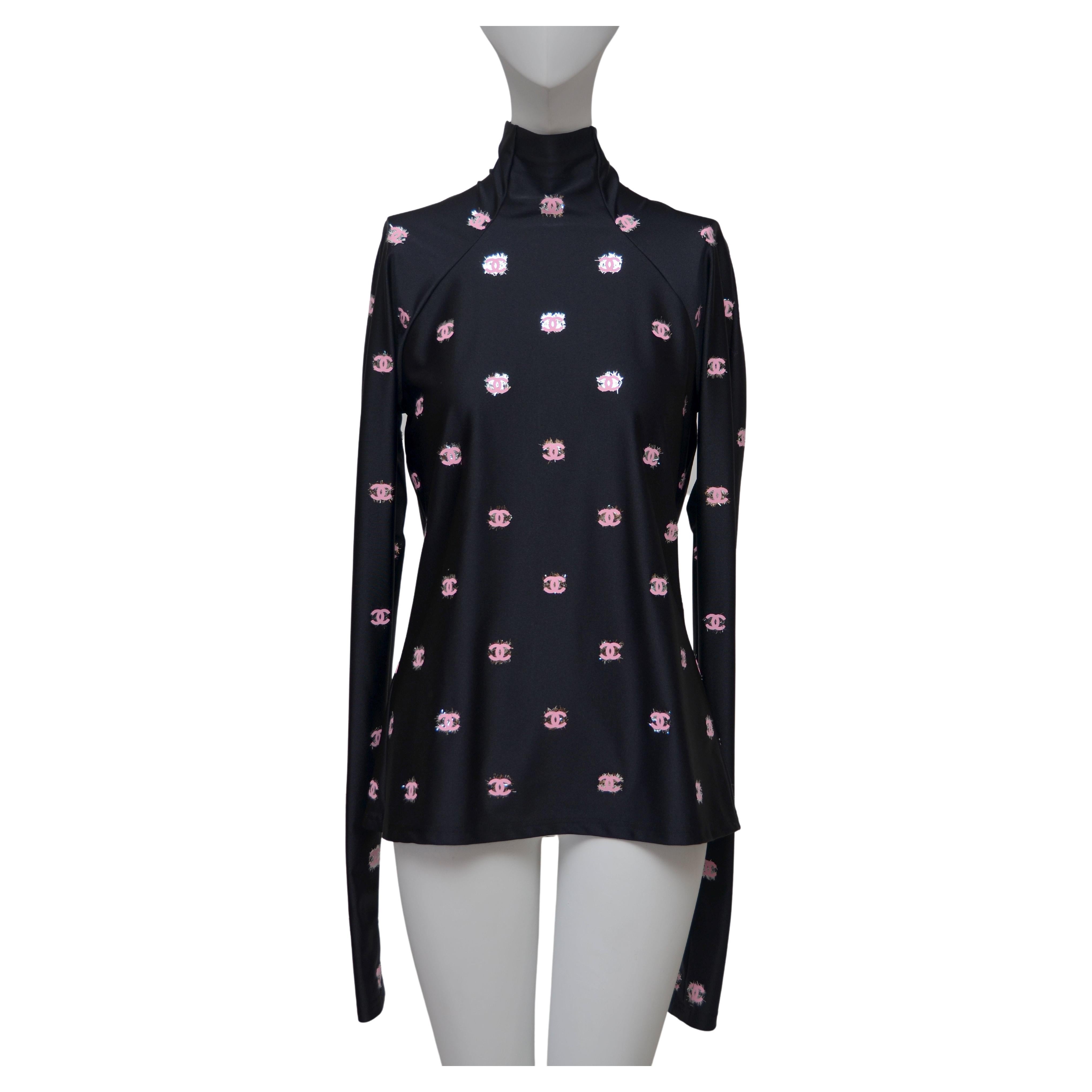 Chanel Black Stretch Top with Pink CC Long Sleeve Sz 42 New