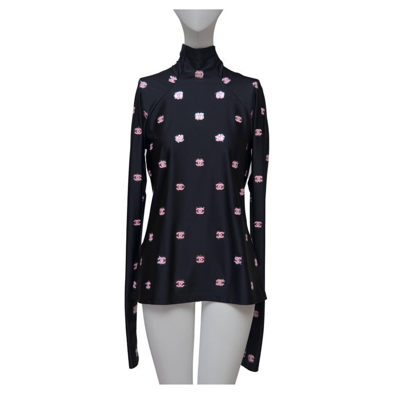 CHANEL Black Stretch Top With Pink CC Long Sleeve SZ 42 NEW For