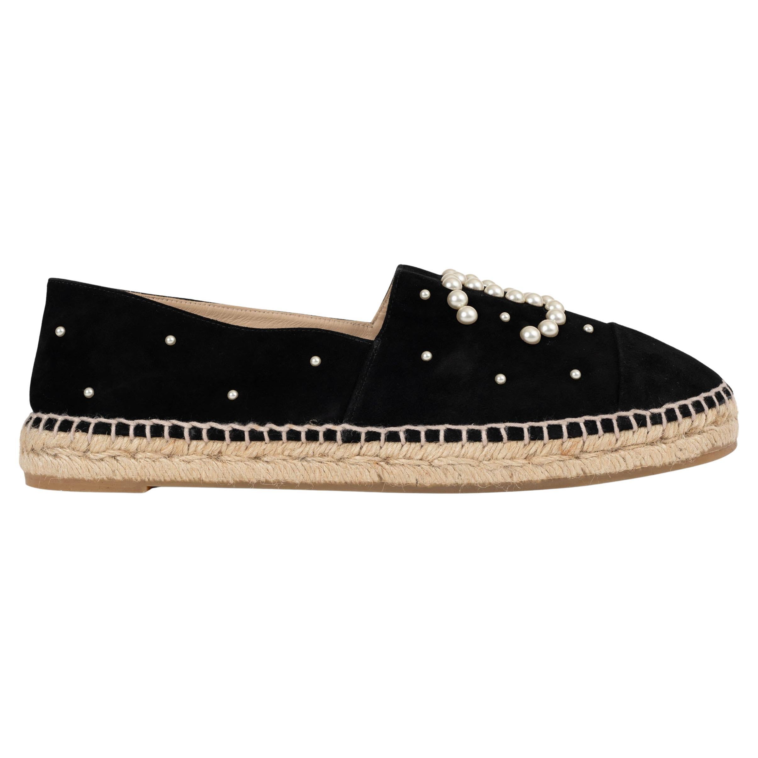 Chanel camoscio nero 17B CC PEARL ESPADRILLES Scarpe Flats 42 vestibilità 41