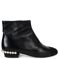 CHANEL black suede 18C GREECE PEARL TRIM Ankle Boots Shoes 38