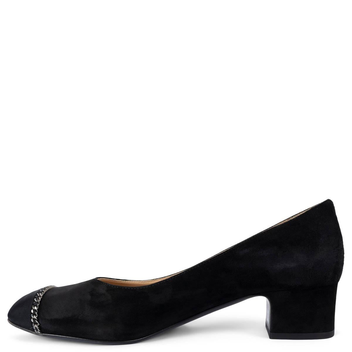 Women's CHANEL black suede 2019 19B CHAIN TRIM BLOCK HEEL Pumps Shoes 37.5 For Sale