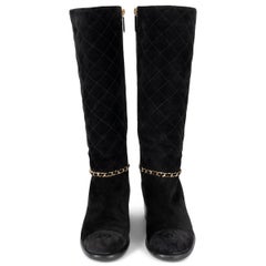 CHANEL black suede 2019 19B QUILTED CHAIN TRIM Boots Shoes 37.5