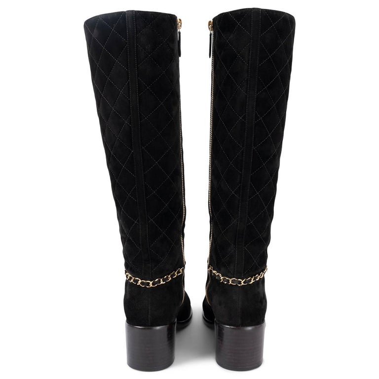CHANEL black suede 2019 19B QUILTED CHAIN TRIM Boots Shoes 37.5 For Sale at  1stDibs