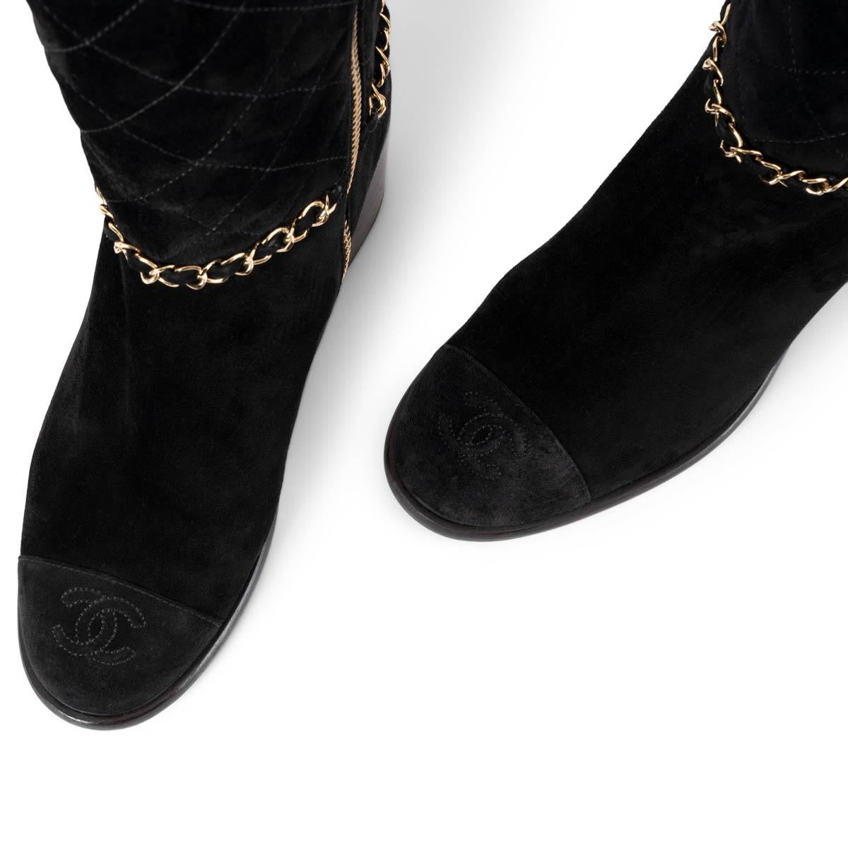 CHANEL black suede 2019 19B QUILTED CHAIN TRIM Boots Shoes 37.5 For Sale 2