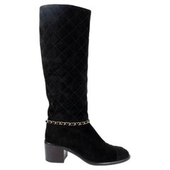CHANEL black suede 2019 19B QUILTED CHAIN TRIM Boots Shoes 37.5