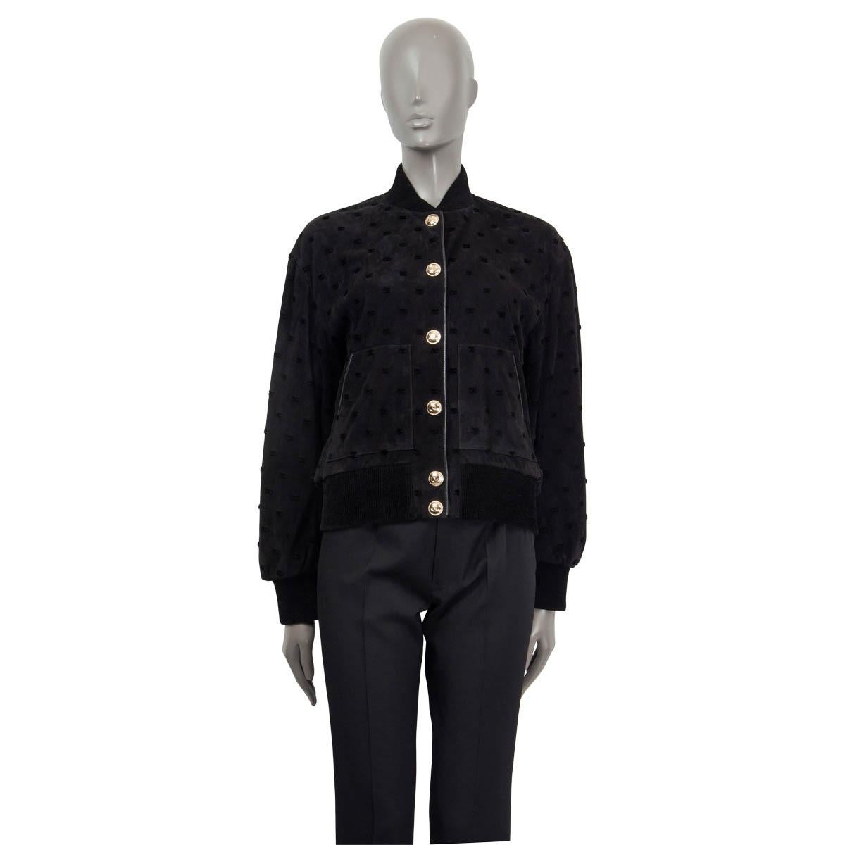 100% authentic Chanel bomber jacket in black suede lamb skin (100%). Features CC embroidery and high collar in black velvet (50% viscose, 48% polyamide, 2% elastane) and two slit pockets on the front sides. Double lined in black silk (100%). Opens