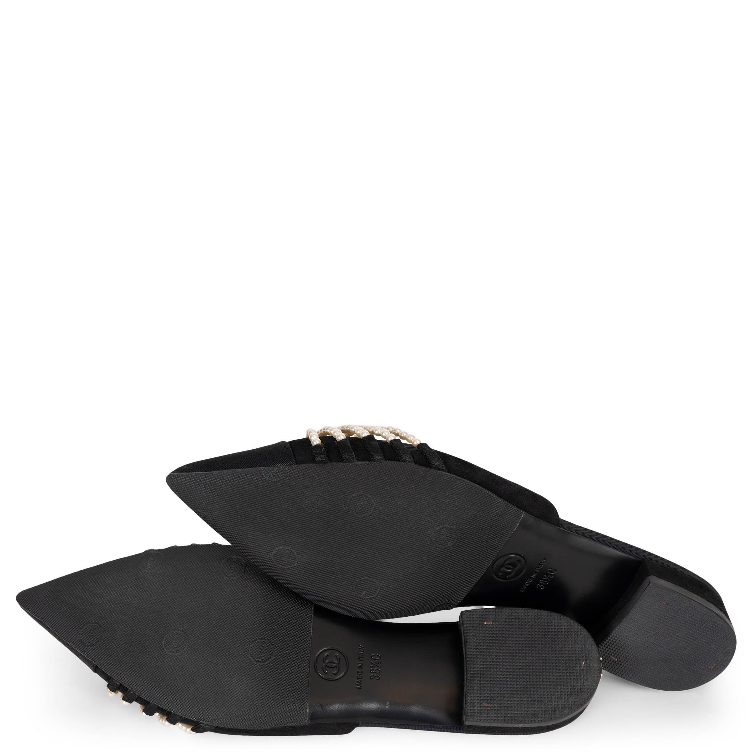 CHANEL schwarz Wildleder 20A PEARL EMBELLISHED Slingback Flats Schuhe 38.5 G36467 im Angebot 4