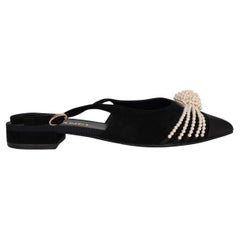 CHANEL black suede 20A PEARL EMBELLISHED Slingback Flats Shoes 38.5 G36467