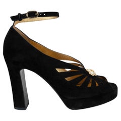 CHANEL black suede 24C LOS ANGELES PEARL PEEP-TOE Pumps Shoes 39.5