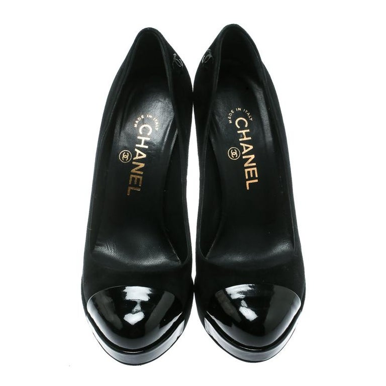 Chanel Black Suede and Black Patent Leather Cap Toe Platform Pumps Size ...