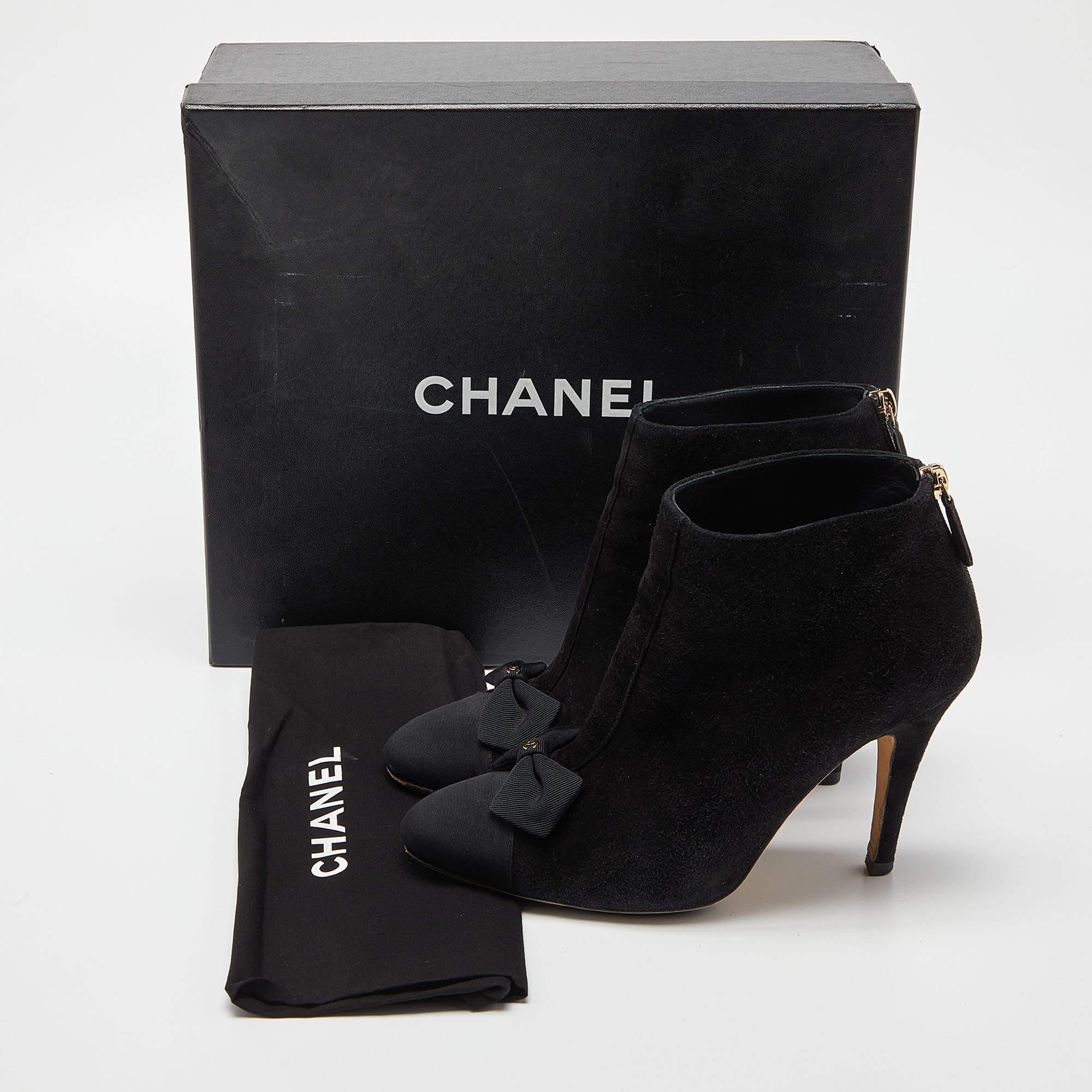 Chanel Black Suede and Canvas Zip Bow Cap Booties Size 39.5 6