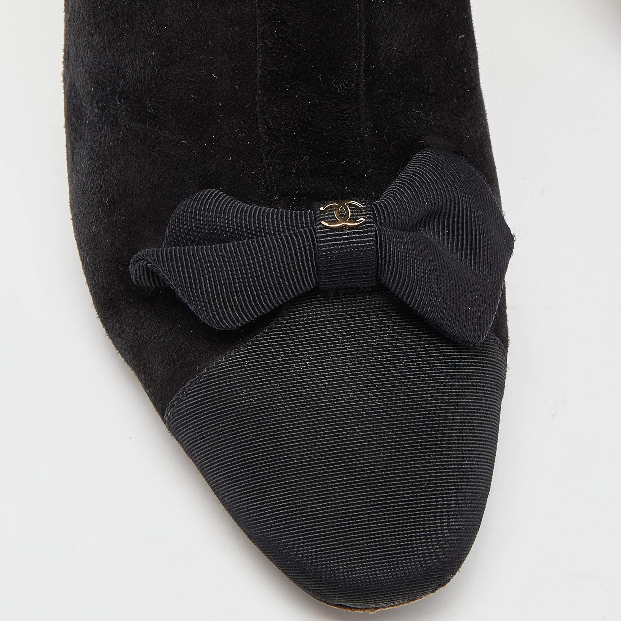 Chanel Black Suede and Canvas Zip Bow Cap Booties Size 39.5 2