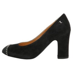 Chanel Black Suede and Fabric Chain Link Cap Toe CC Pumps Size 35.5