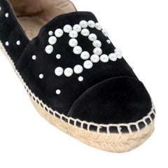 Chanel Black Suede and Faux Pearl CC Espadrille Flats