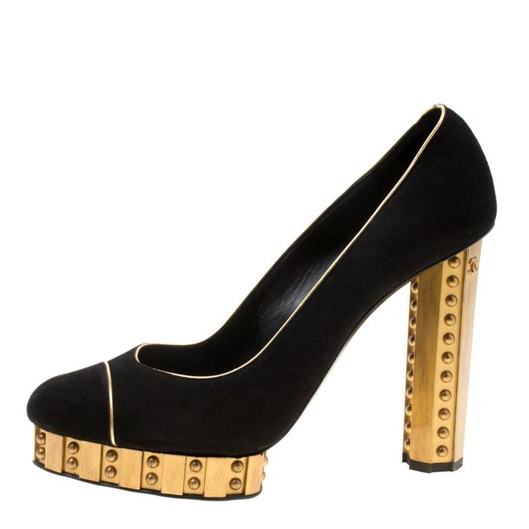 Chanel Black Suede and Gold Platform Pumps Size 40.5 For Sale at 1stDibs