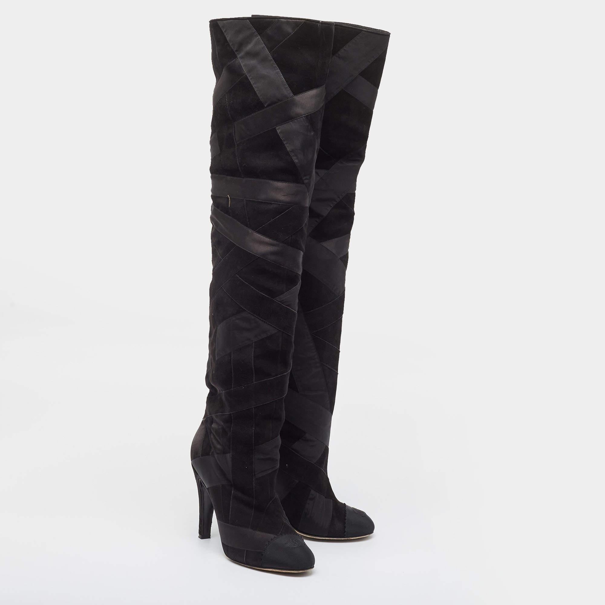 Women's Chanel Black Suede and Grosgrain CC Cap Toe Knee Length Boots Size 39 For Sale