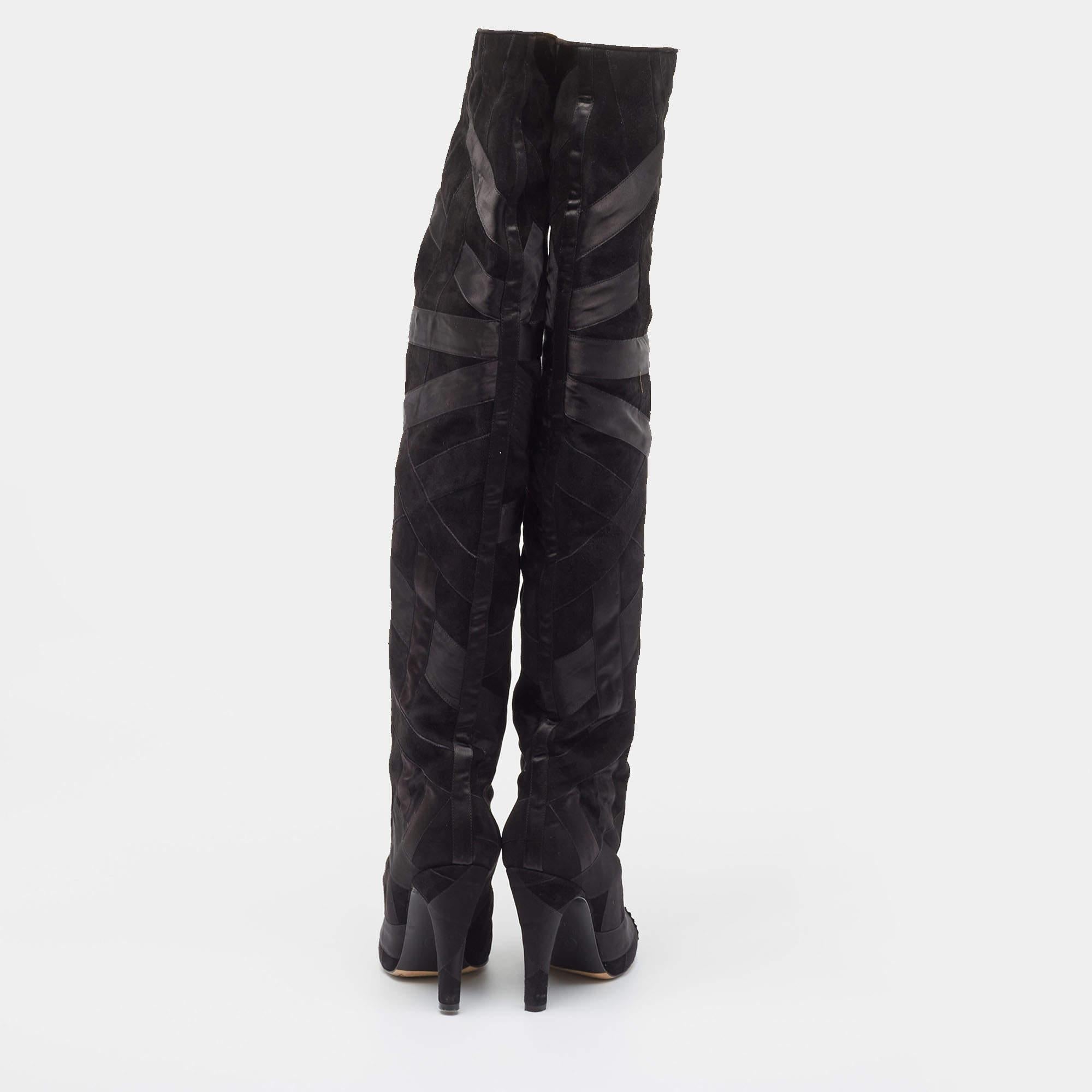 Chanel Black Suede and Grosgrain CC Cap Toe Knee Length Boots Size 39 For Sale 1
