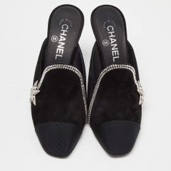 Chanel Black Suede and Grosgrain Crystal Star Mules Size 38