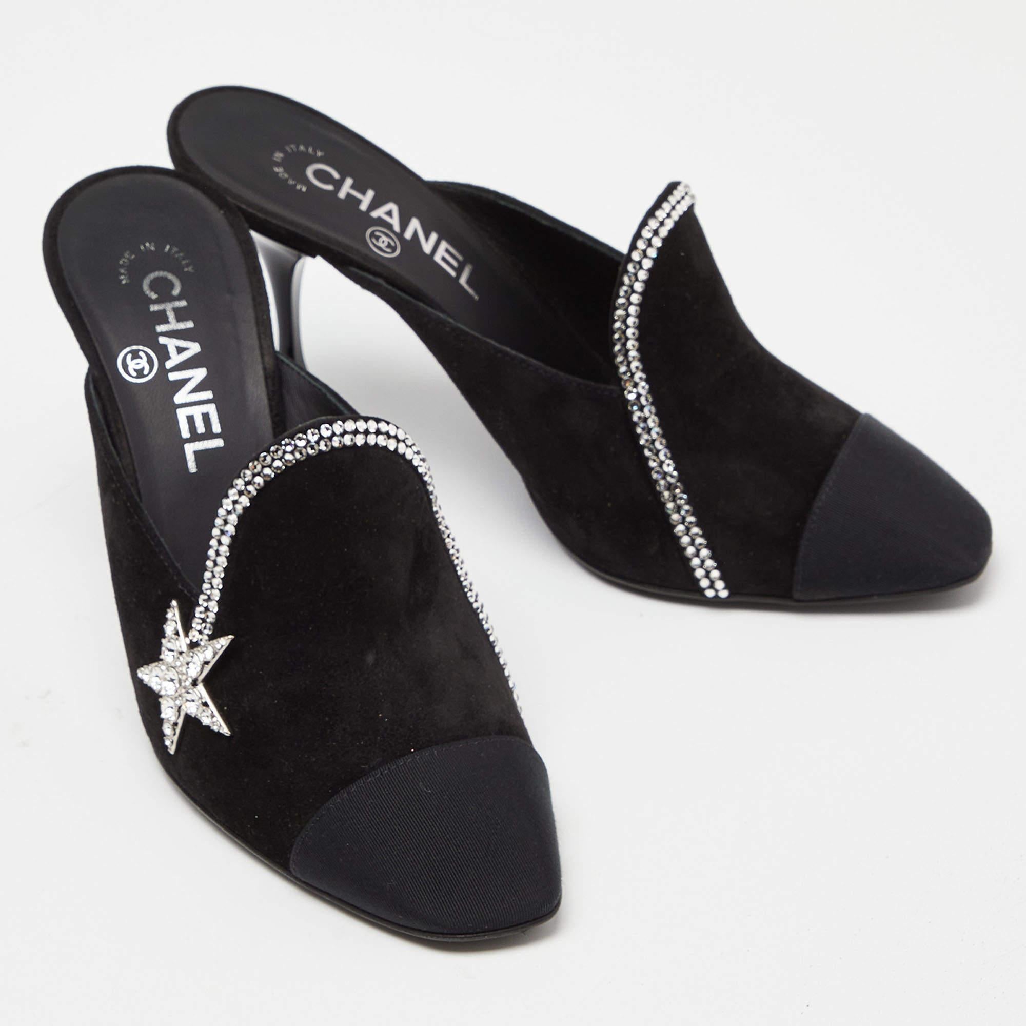 Chanel Black Suede and Grosgrain Crystal Star Mules Size 38 In Excellent Condition For Sale In Dubai, Al Qouz 2