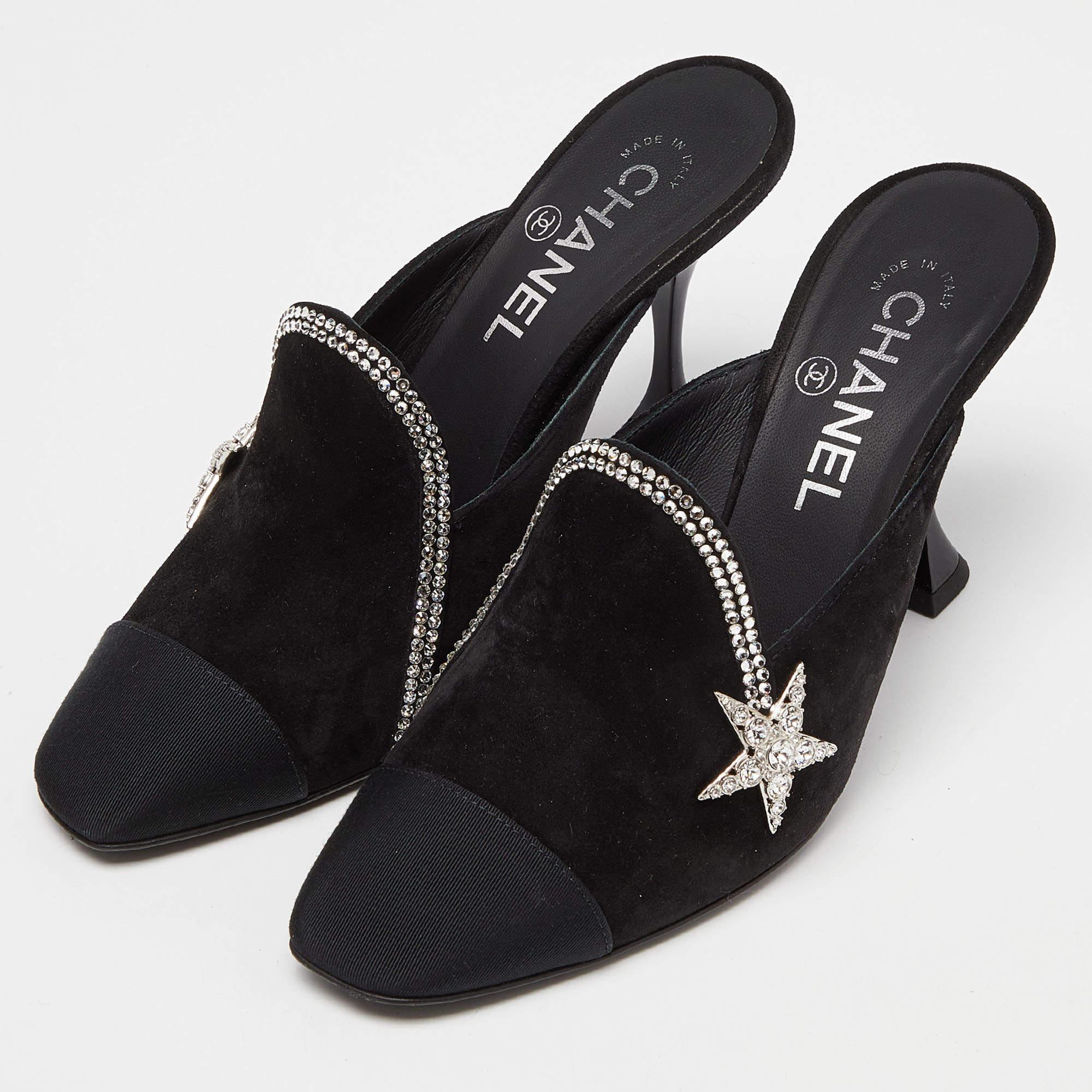 Women's Chanel Black Suede and Grosgrain Crystal Star Mules Size 38 For Sale
