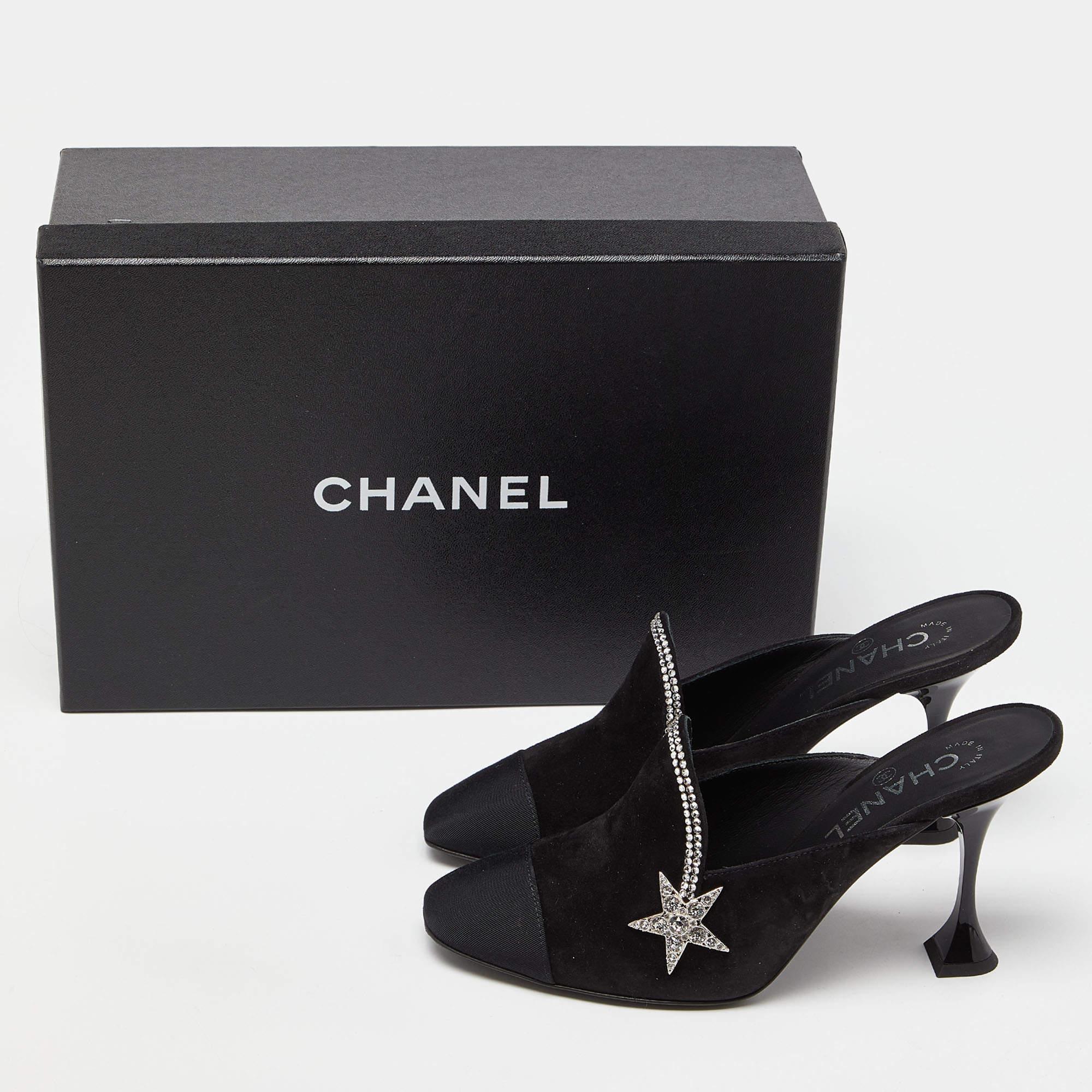 Chanel Black Suede and Grosgrain Crystal Star Mules Size 38 1