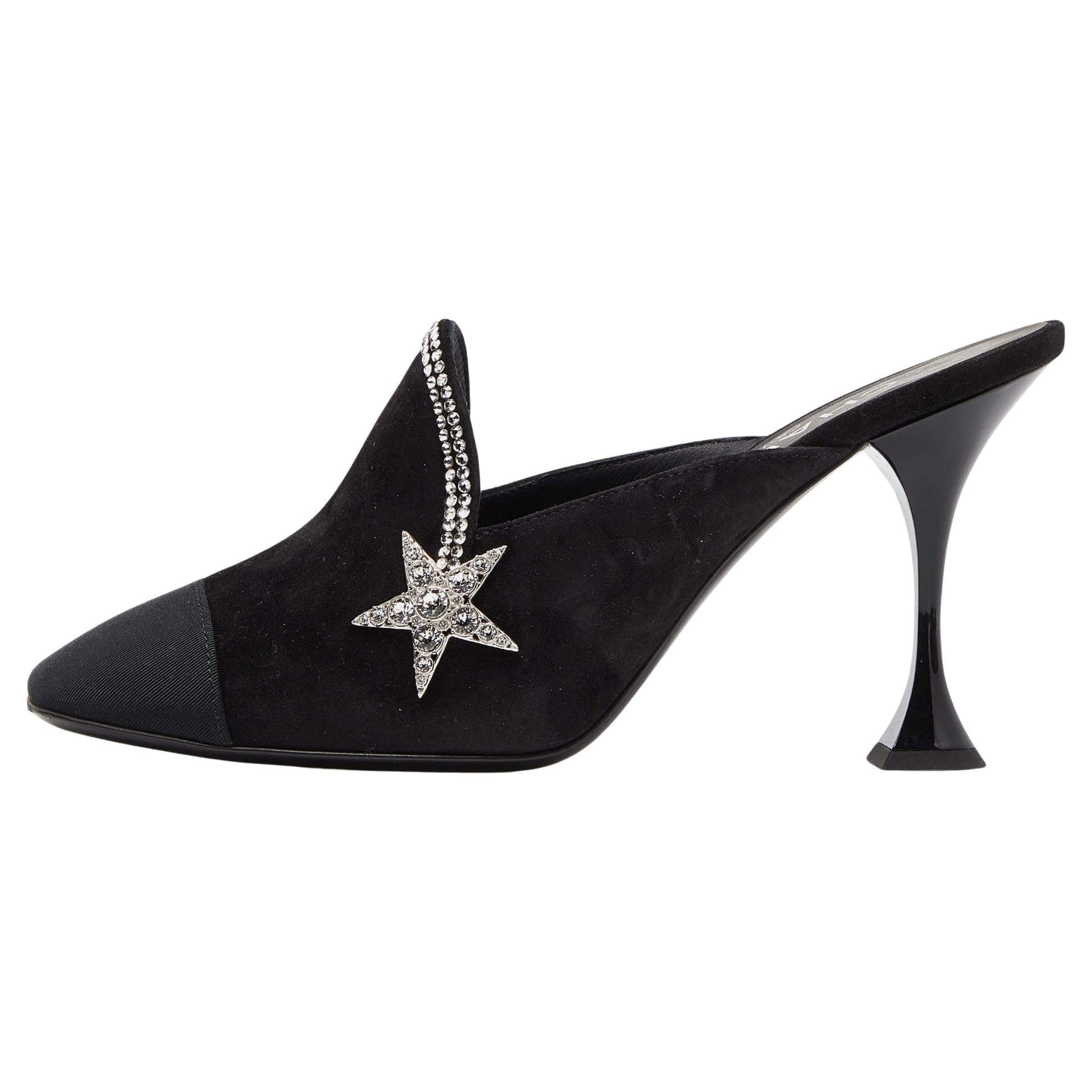 Chanel Black Suede and Grosgrain Crystal Star Mules Size 38 For Sale