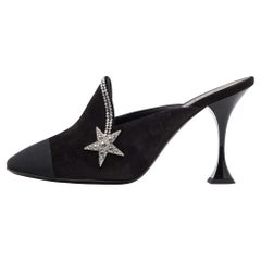 Chanel Black Suede and Grosgrain Crystal Star Mules Size 38
