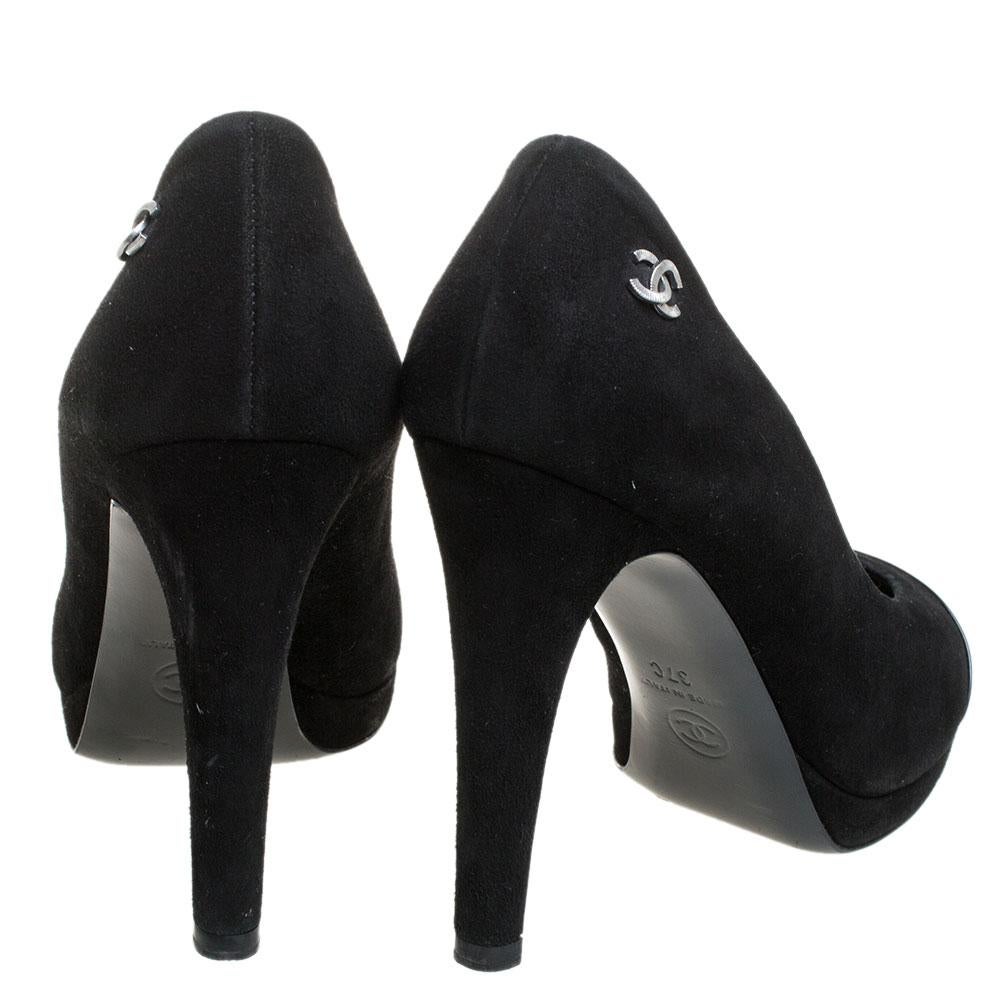 Women's Chanel Black Suede and Leather Cap Toe Platform Pumps Size 37