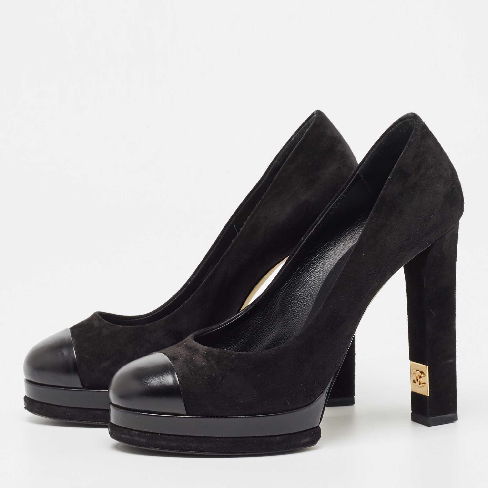 Women's Chanel Black Suede and Leather Cap Toe Platform Pumps Size 38