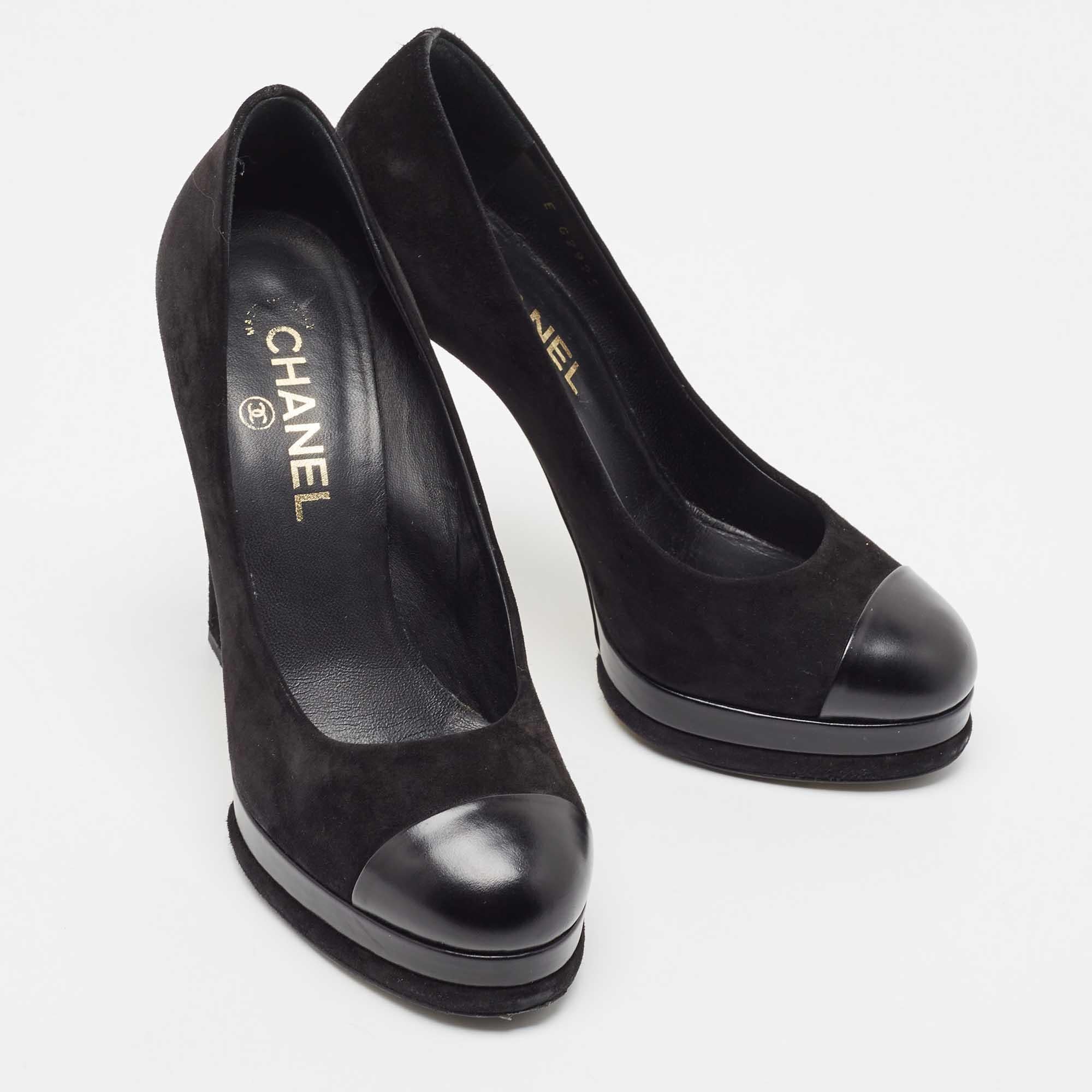 Chanel Black Suede and Leather Cap Toe Platform Pumps Size 38 4