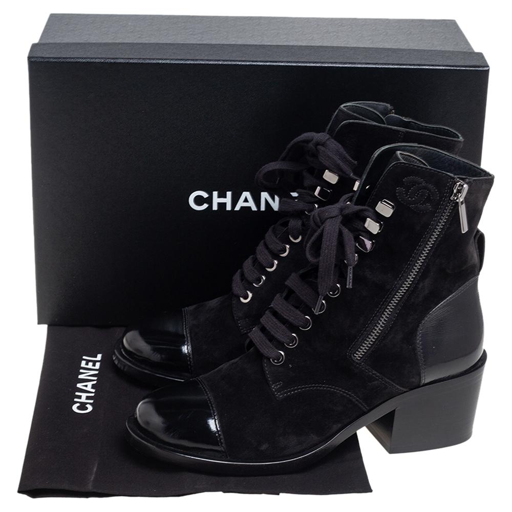 Chanel Black Suede And Leather Combat Lace Up Boots Size 38 4