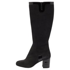 Chanel Black Suede And Patent Block Mild Calf Boots Size 39