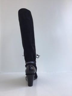 Chanel Black Suede and Patent Knee Boots, Gold Grommet Lacing, Wedge Heel, 10.5