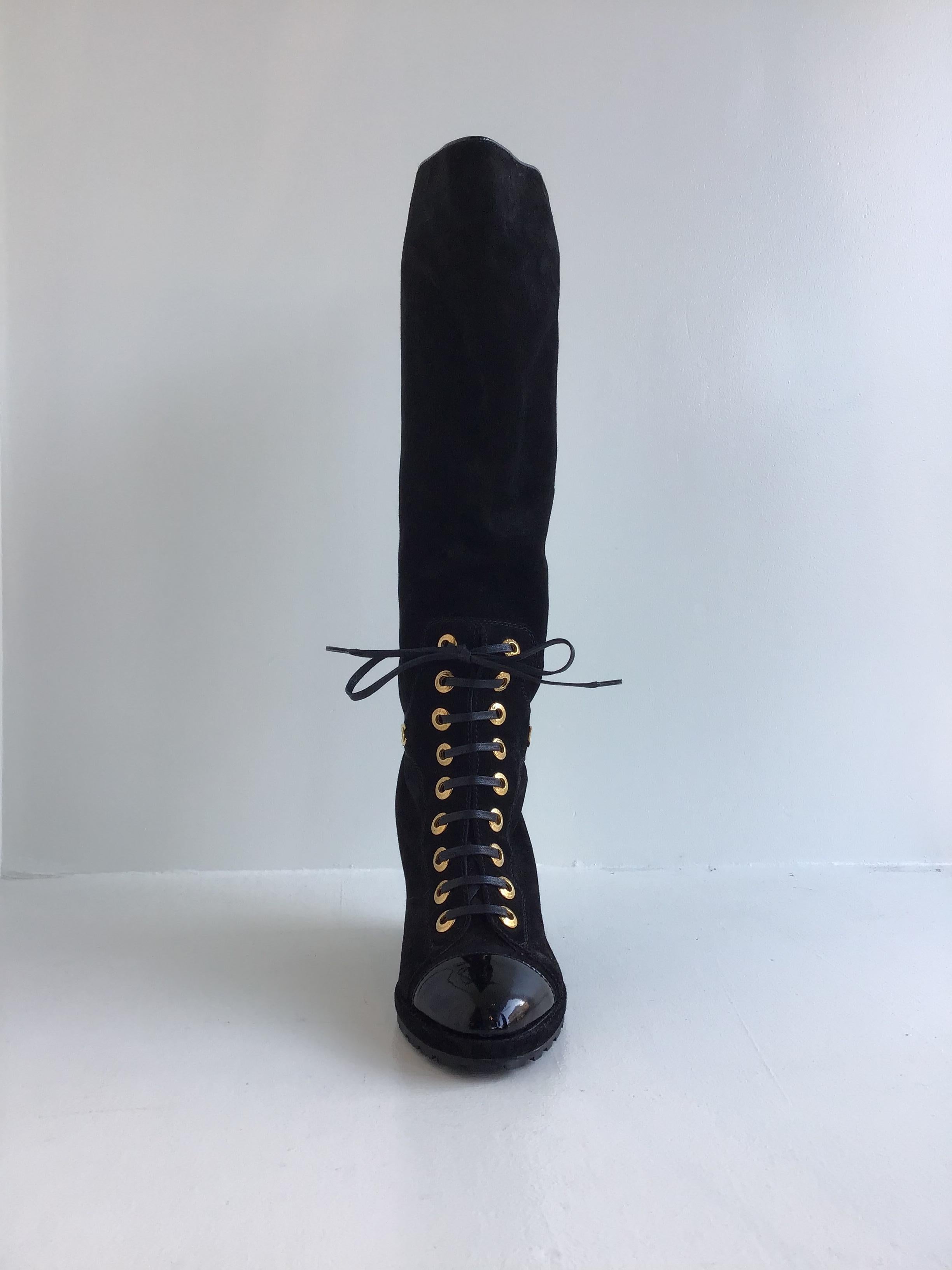 Chanel Black Suede and Patent Knee Boots, Gold Grommet Lacing, Wedge Heel, 10.5  In New Condition For Sale In San Francisco, CA