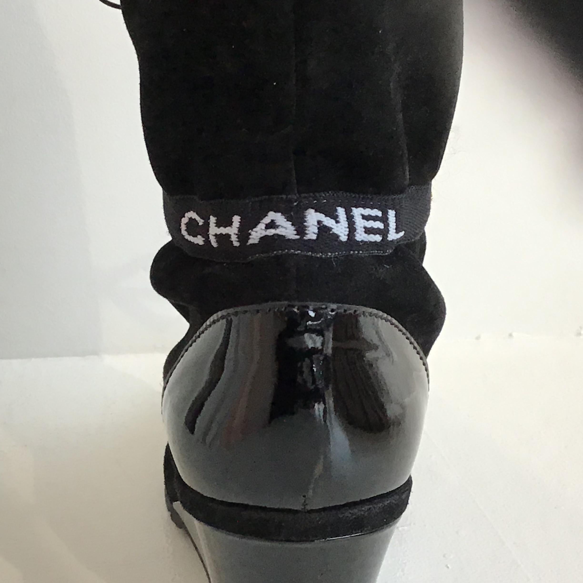 Women's Chanel Black Suede and Patent Knee Boots, Gold Grommet Lacing, Wedge Heel, 10.5  For Sale
