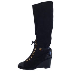 Chanel Black Suede and Patent Knee Boots, Gold Grommet Lacing, Wedge Heel, 10.5