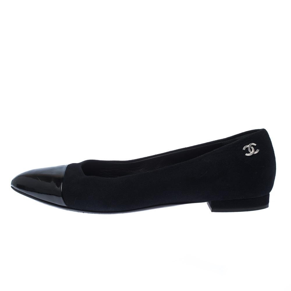 Chanel Black Suede And Patent Leather Cap Toe Ballet Flats Size 37.5 1
