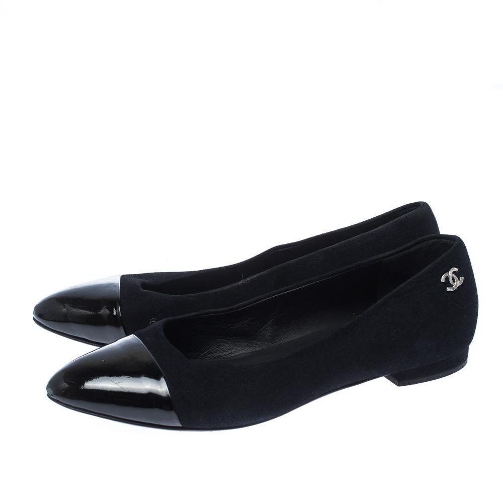 Chanel Black Suede And Patent Leather Cap Toe Ballet Flats Size 37.5 3
