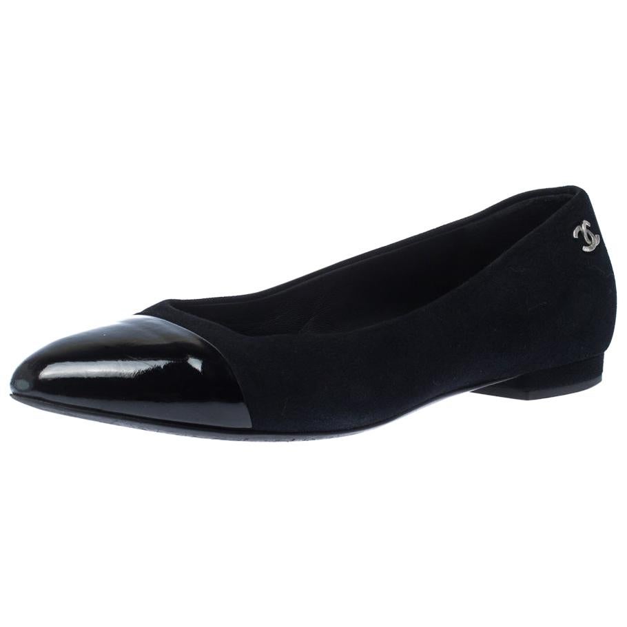 Chanel Black Suede And Patent Leather Cap Toe Ballet Flats Size 37.5