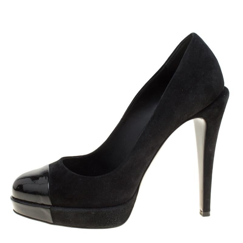 These pumps from Chanel are worth every shilling you spend and will make you stand out in the crowd. The black pumps are crafted from suede and feature round patent leather cap toes. They flaunt comfortable leather lined insoles, 13 cm heels and