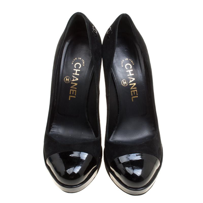 Chanel Black Suede and Patent Leather Cap Toe Platform Pumps Size 38 ...