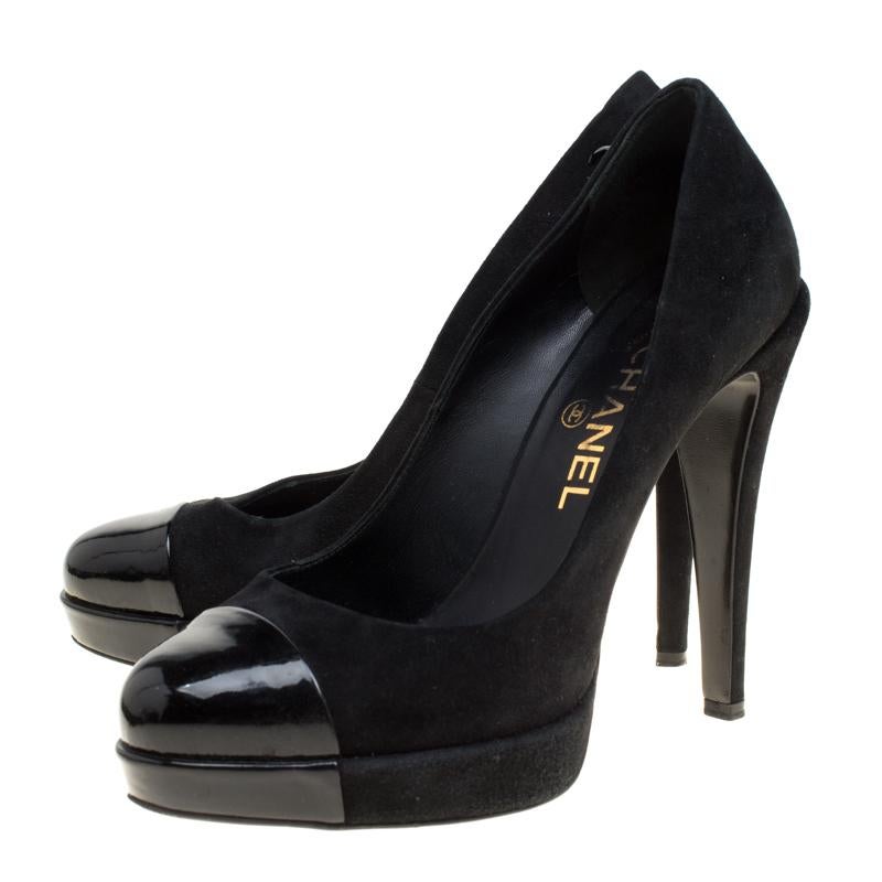 Women's Chanel Black Suede and Patent Leather Cap Toe Platform Pumps Size 38
