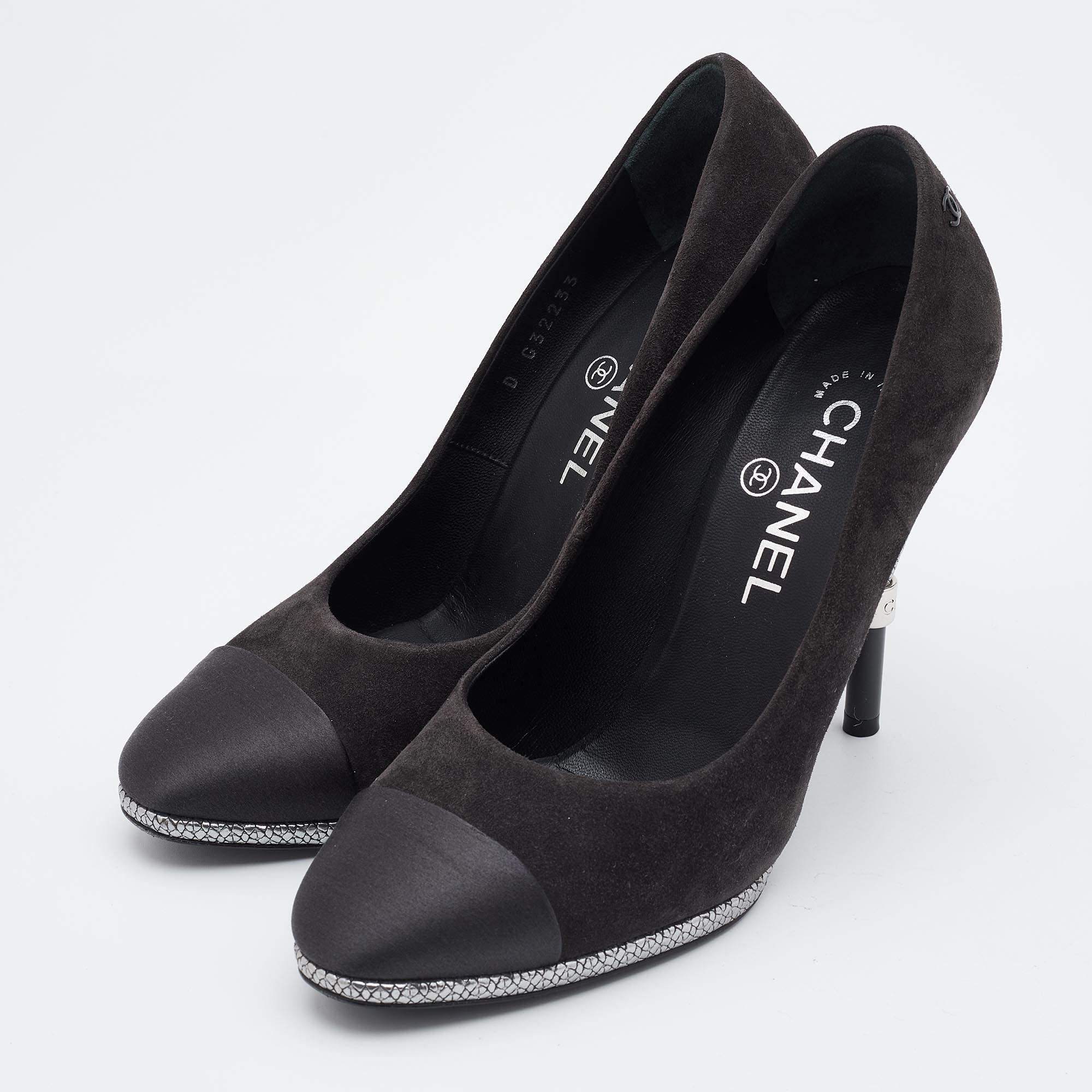 Women's Chanel Black Suede and Satin Cap Toe CC Pumps Size 37.5