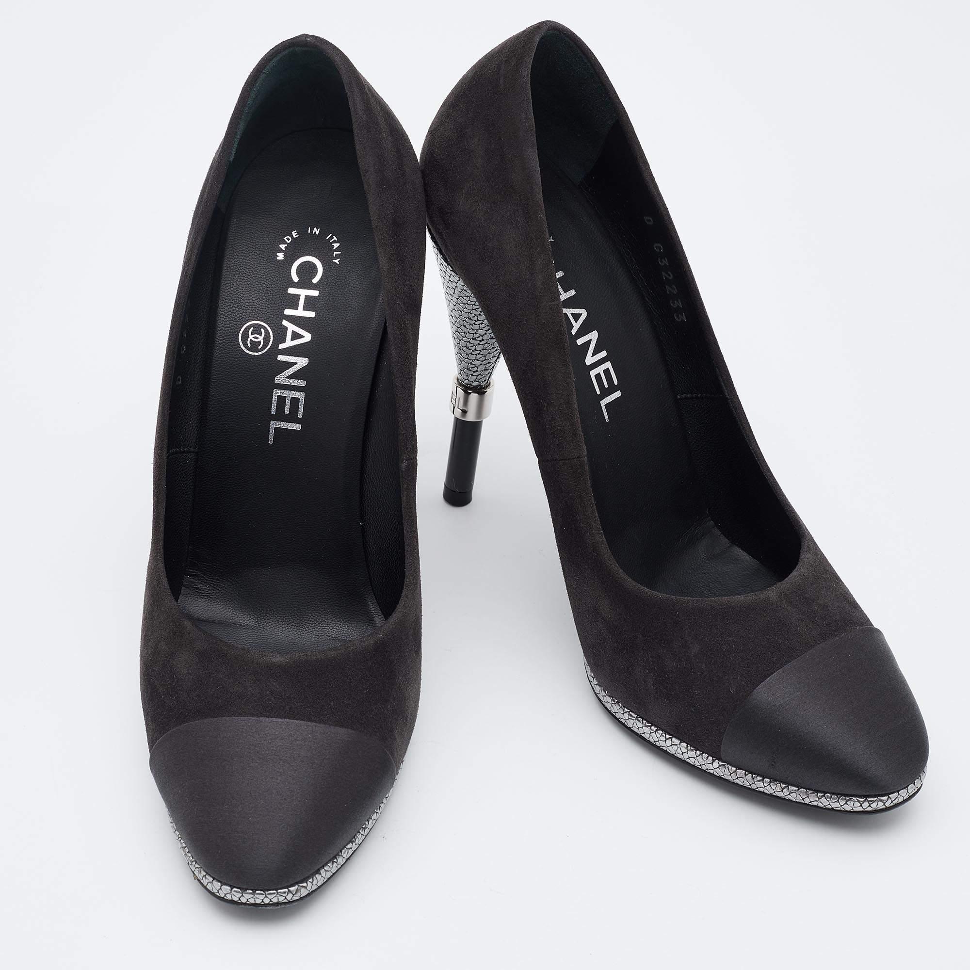 Chanel Black Suede and Satin Cap Toe CC Pumps Size 37.5 1