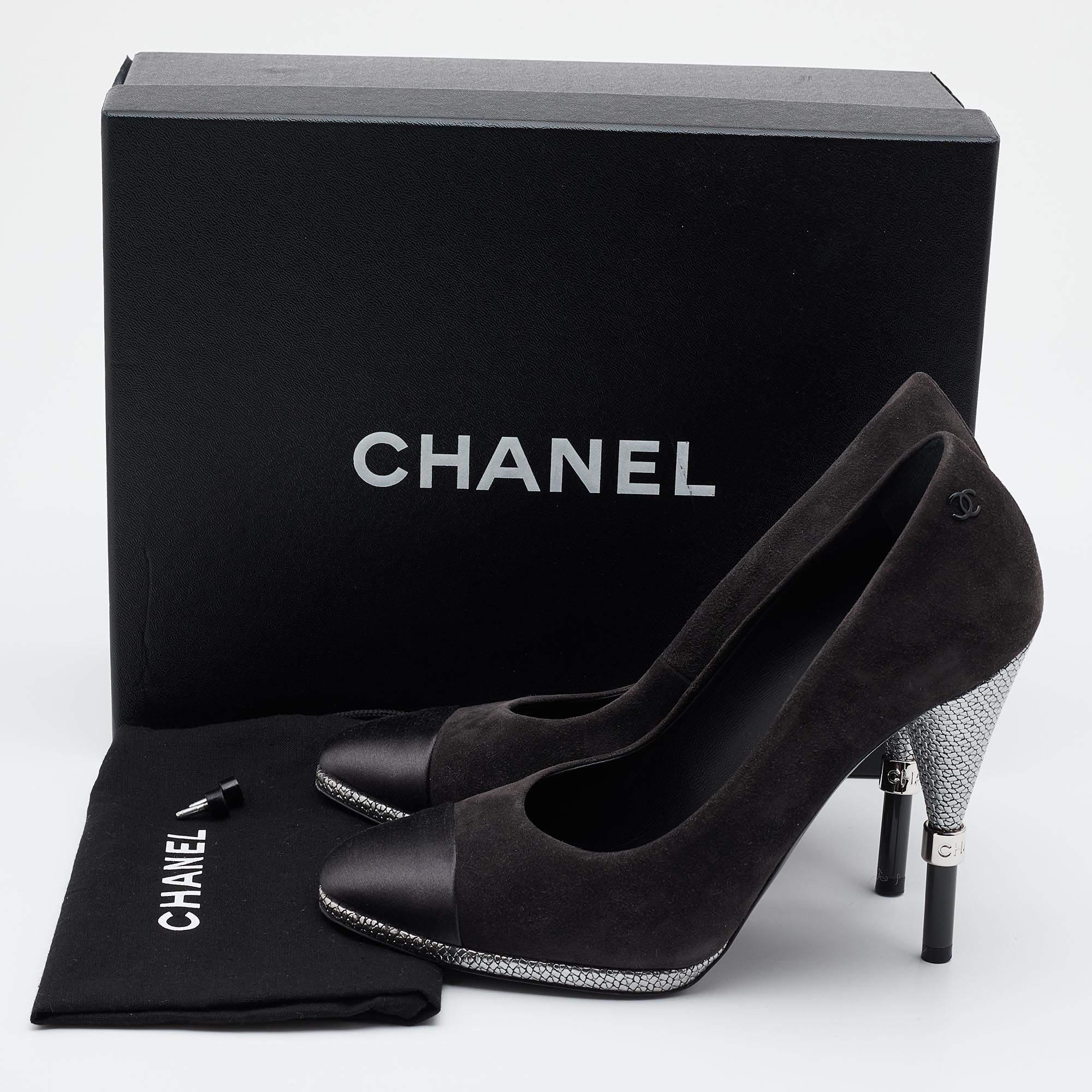 Chanel Black Suede and Satin Cap Toe CC Pumps Size 37.5 3