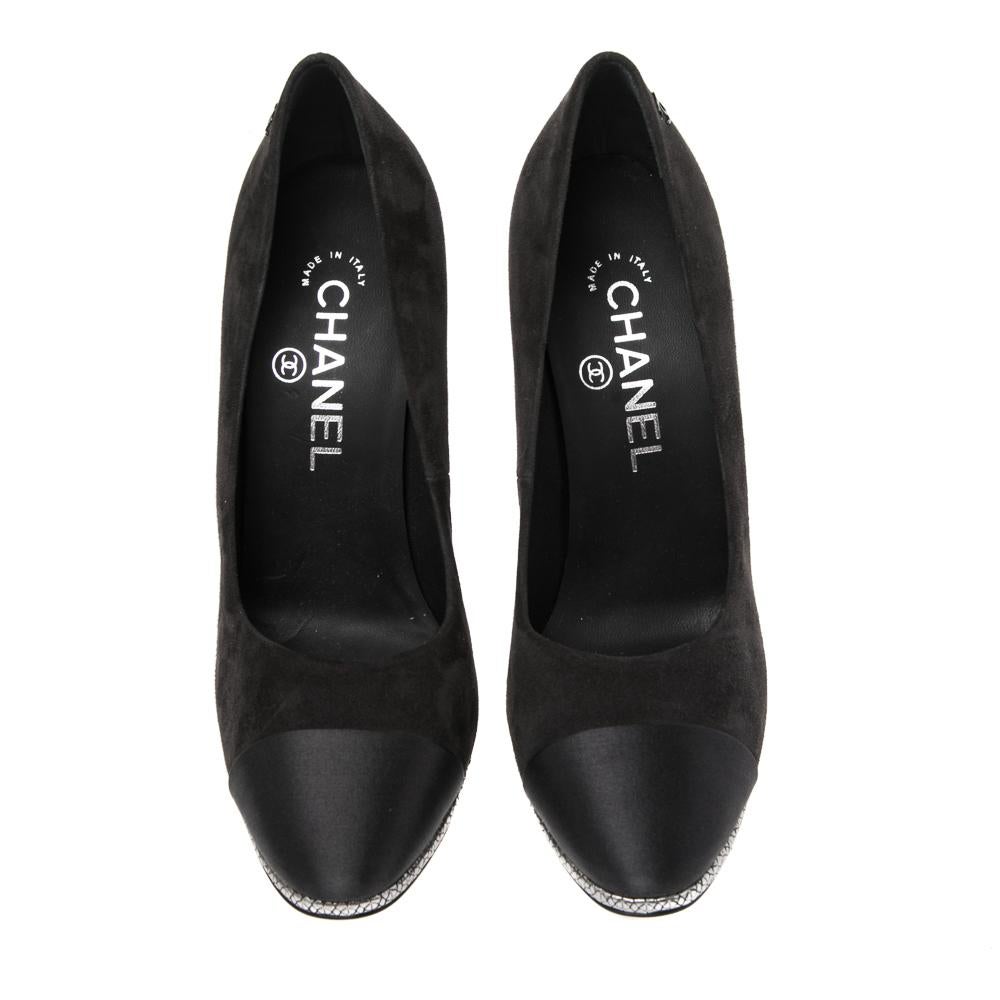 Women's Chanel Black Suede And Satin Cap Toe Pumps Size 36.5