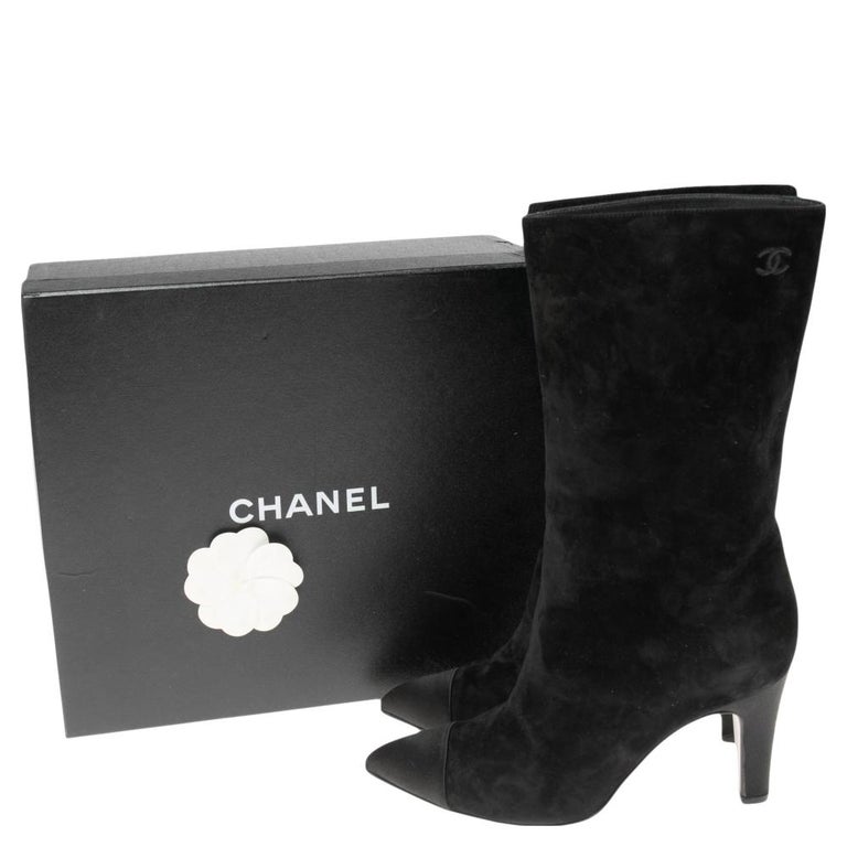 Chanel Black Suede and Satin Gabrielle Cap Toe Mid Calf Boots Size 39
