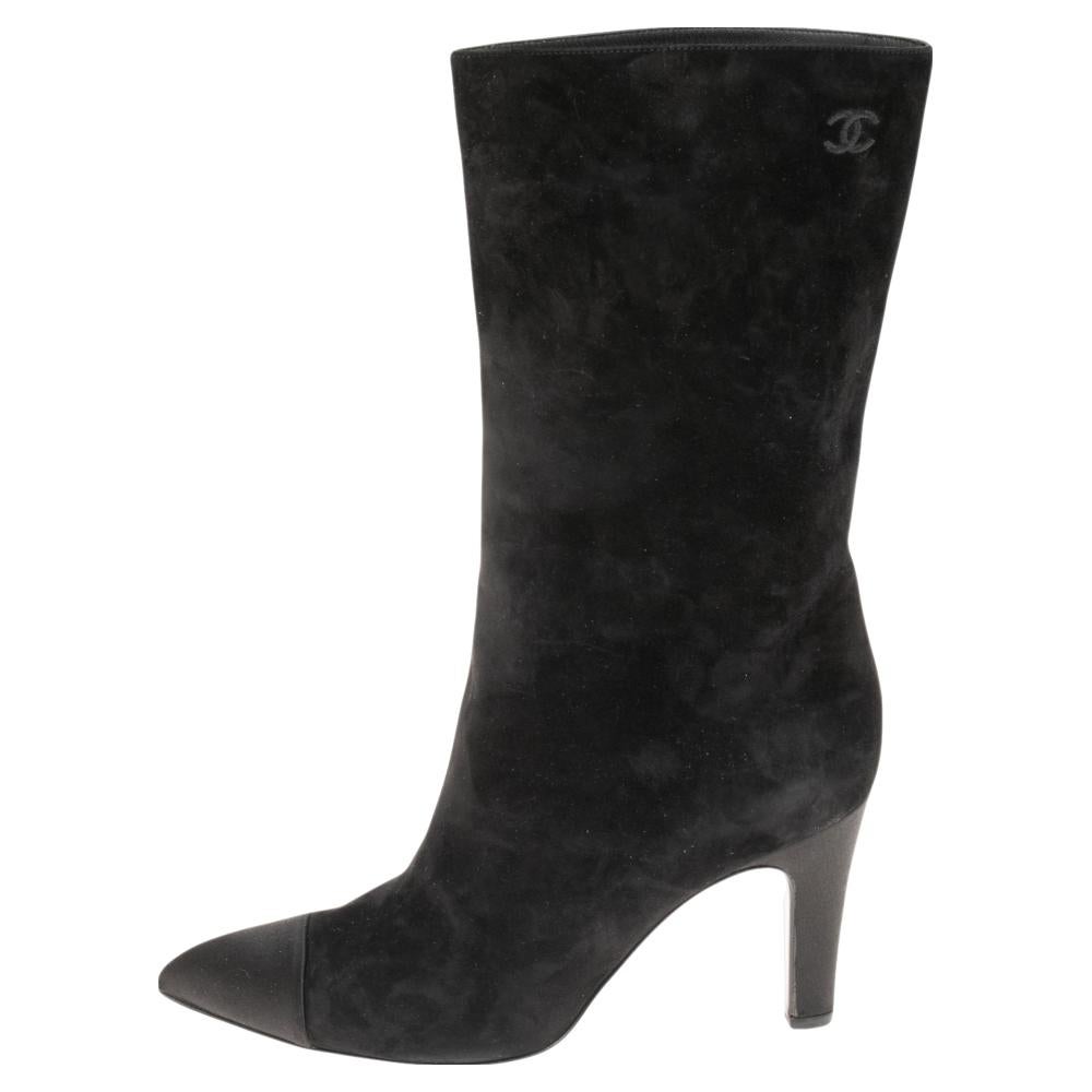 Chanel Black Suede and Satin Gabrielle Cap Toe Mid Calf Boots Size 39 In Good Condition In Dubai, Al Qouz 2