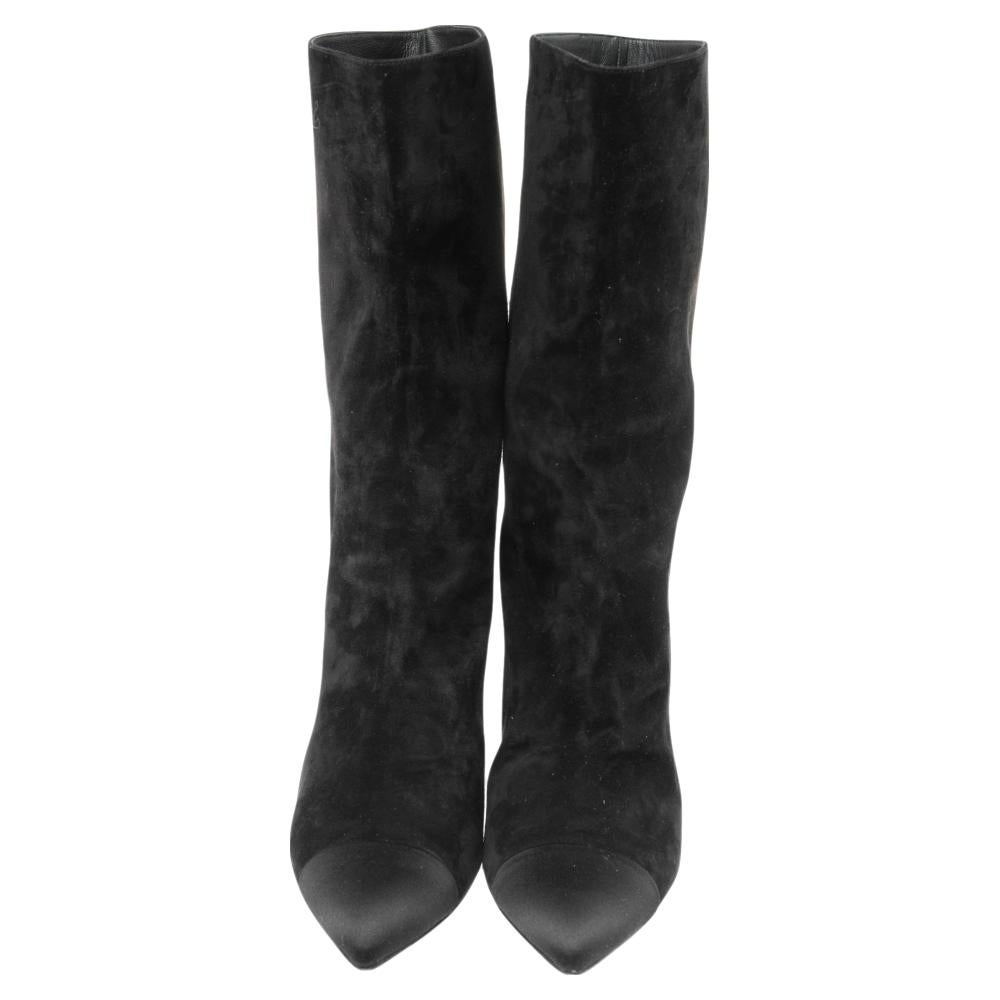 Women's Chanel Black Suede and Satin Gabrielle Cap Toe Mid Calf Boots Size 39