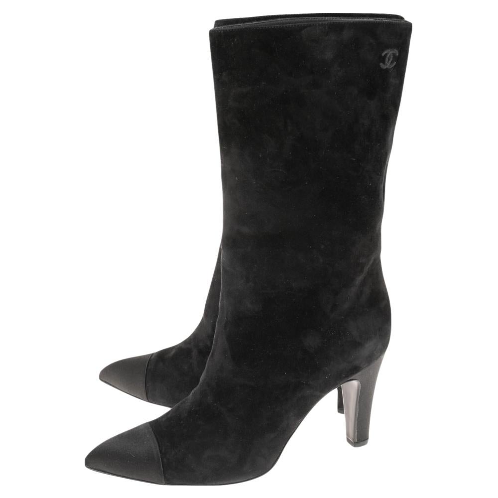 Chanel Black Suede and Satin Gabrielle Cap Toe Mid Calf Boots Size 39 1